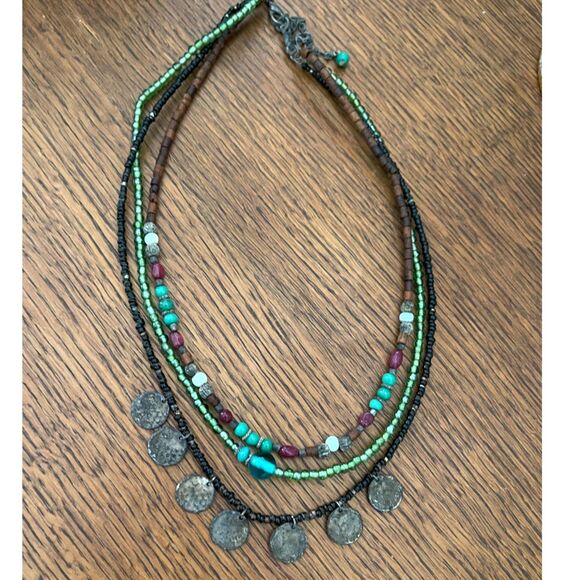 Vintage Bead Turquoise Boho 3 Strand Necklace Bohemian 16" - Picture 5 of 6